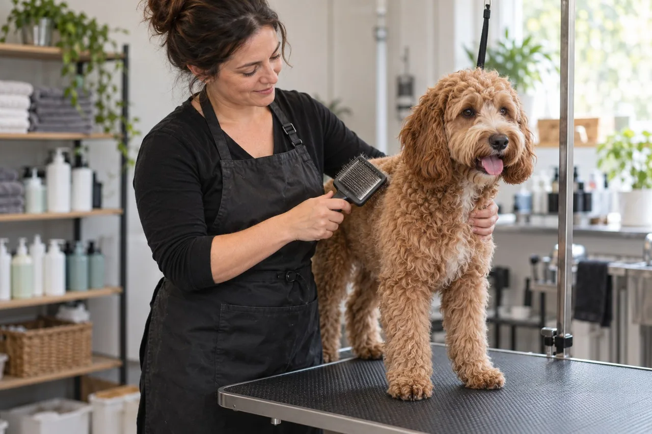 Professional groomer brushing a curly brown dog on a supported grooming table